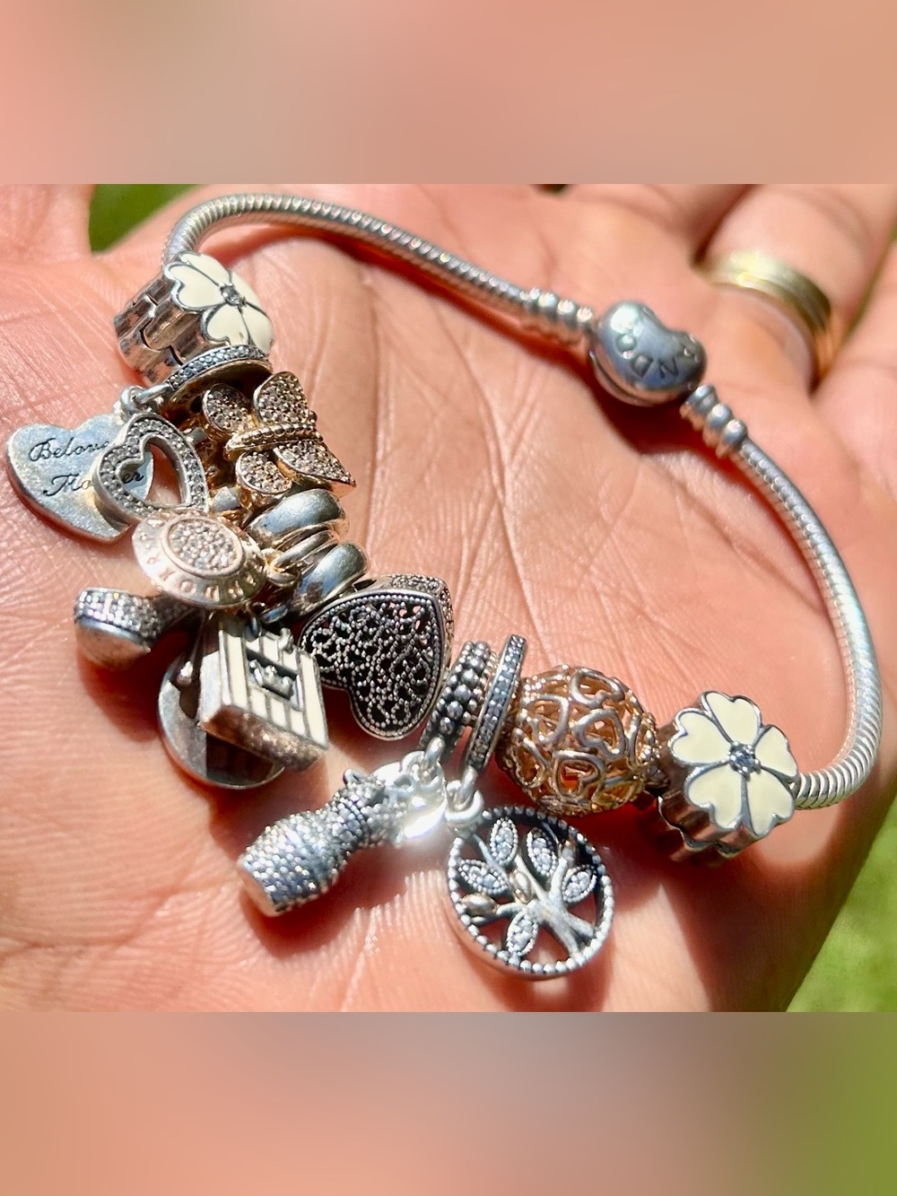 Pandora Silver Two-Tone Charm Bracelet with Cream Flower Accents